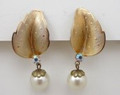 Vintage Signed TARA Earrings Gold Tone Simulated Pearls Clip On AB Rhinestones Leaf Aurora Borealis