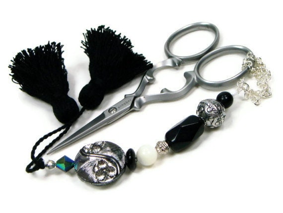 Tuxedo Beaded Scissor Fob, Cross Stitch, Needlepoint, Black, White, Silver, Gift for Crafter, TJBdesigns