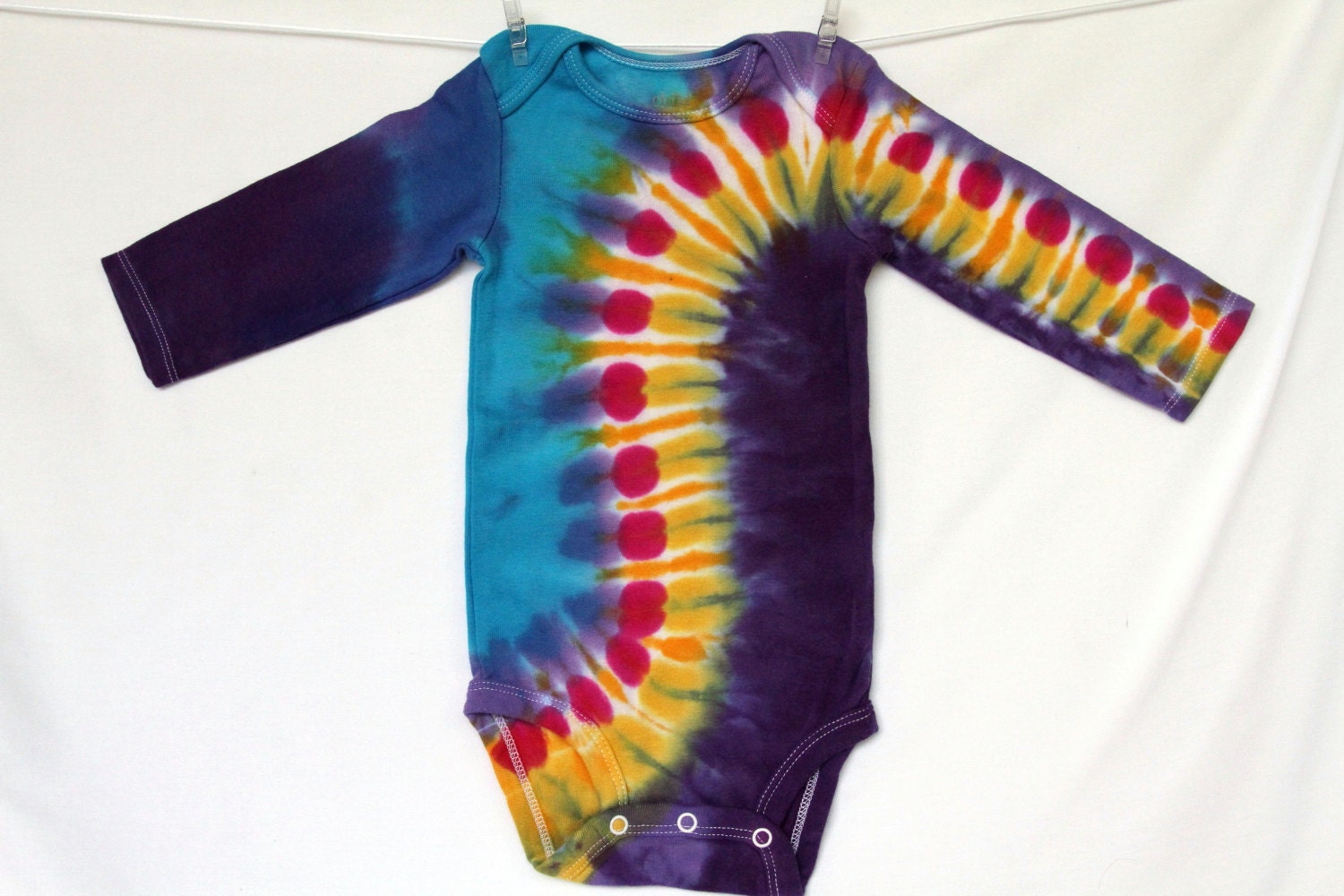 Children Baby Onesie 6 - 12 months Tie Dye Turquoise Golden Fuchsia Lilac Purple Long Sleeve AnnThenBaby
