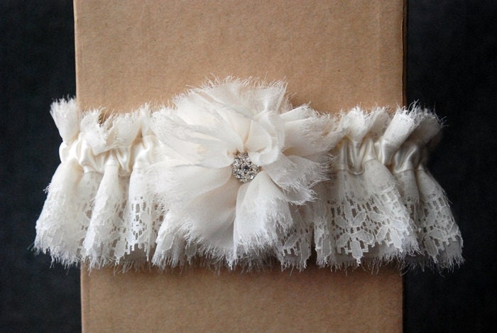 Wedding Garter - Light Ivory Chiffon and Lace Bridal Garter with Flower - Arden