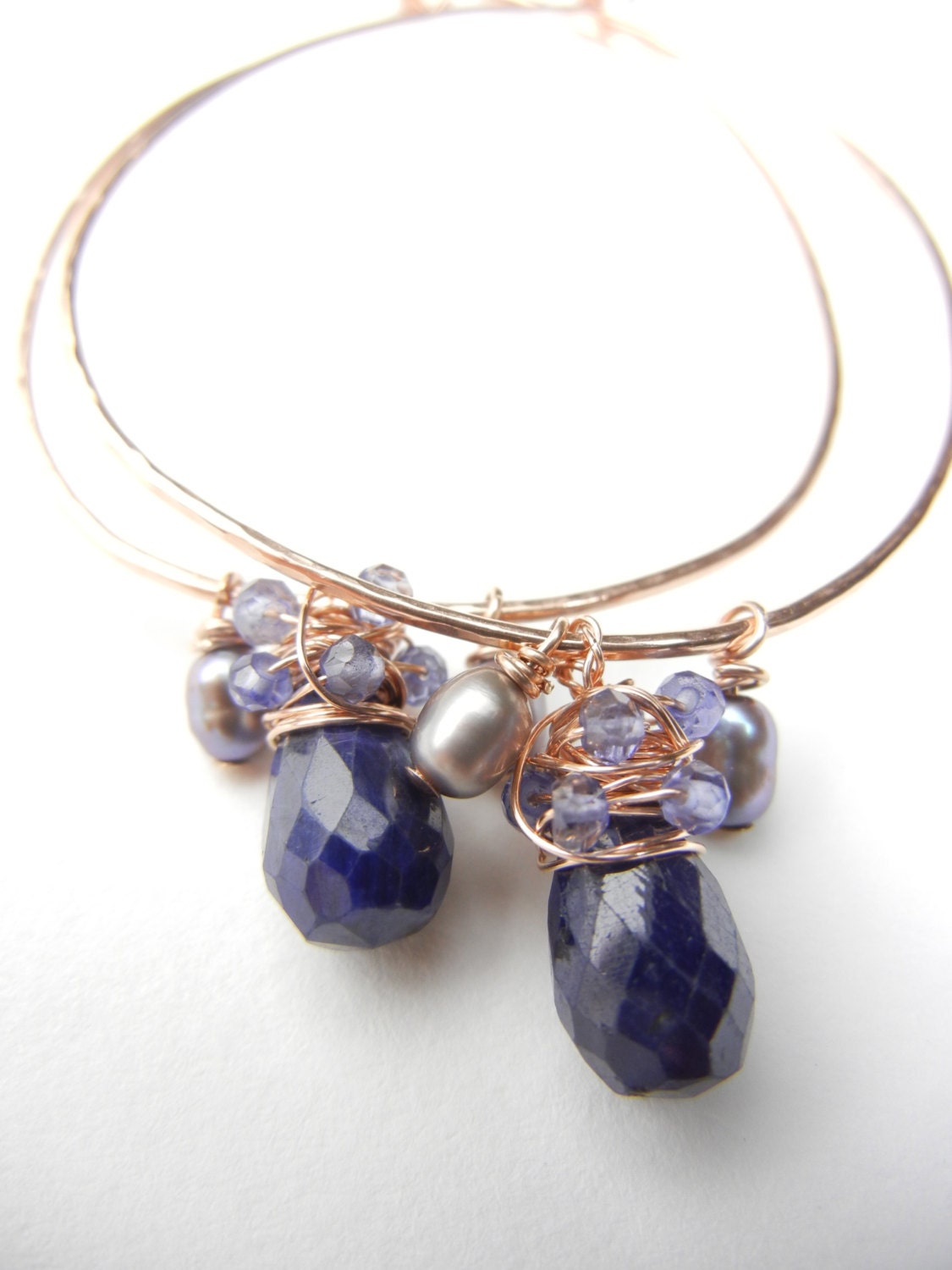 NEW  Sapphire Drop and Rose Gold Hoop Earrings