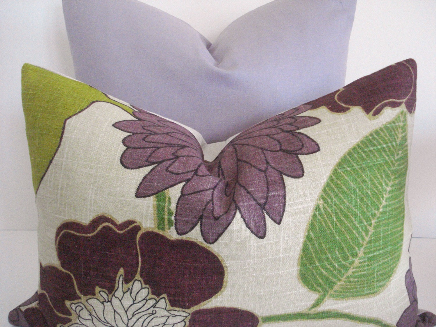 Thorws and Lumbars -Decorative Pillow Cover--Designer Fabric --Purple Throw / Lumbar Pillow- Floral -Plums--Chartreuse--Green--Sand