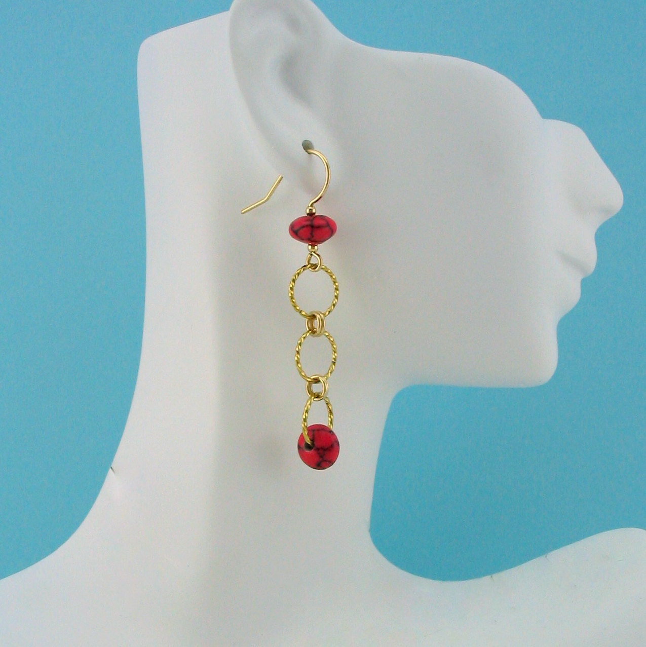 Watermelon Pink 14 k gold filled Long Dangle Earrings with gold rings