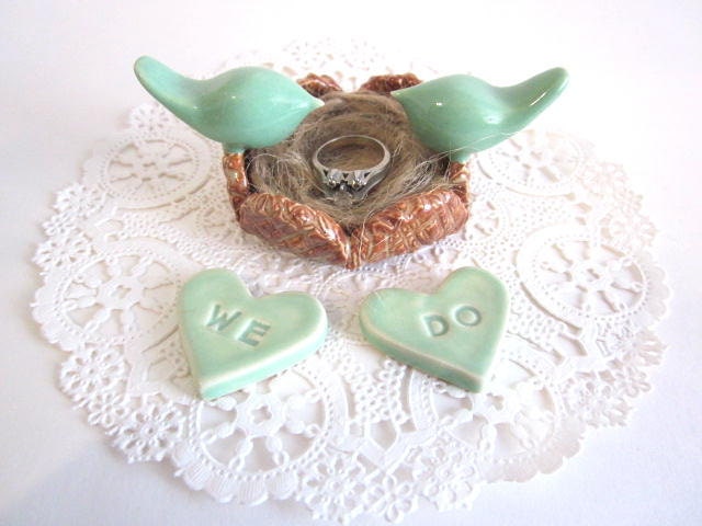 Wedding cake Topper in mint green - We Do Wedding - Love birds and nest - Ring holder- Ring dish Handmade ceramic art