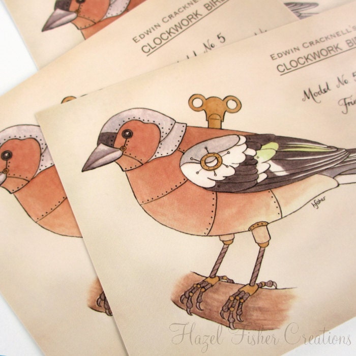 Steampunk Bird Postcard - Clockwork Chaffinch, illustration print