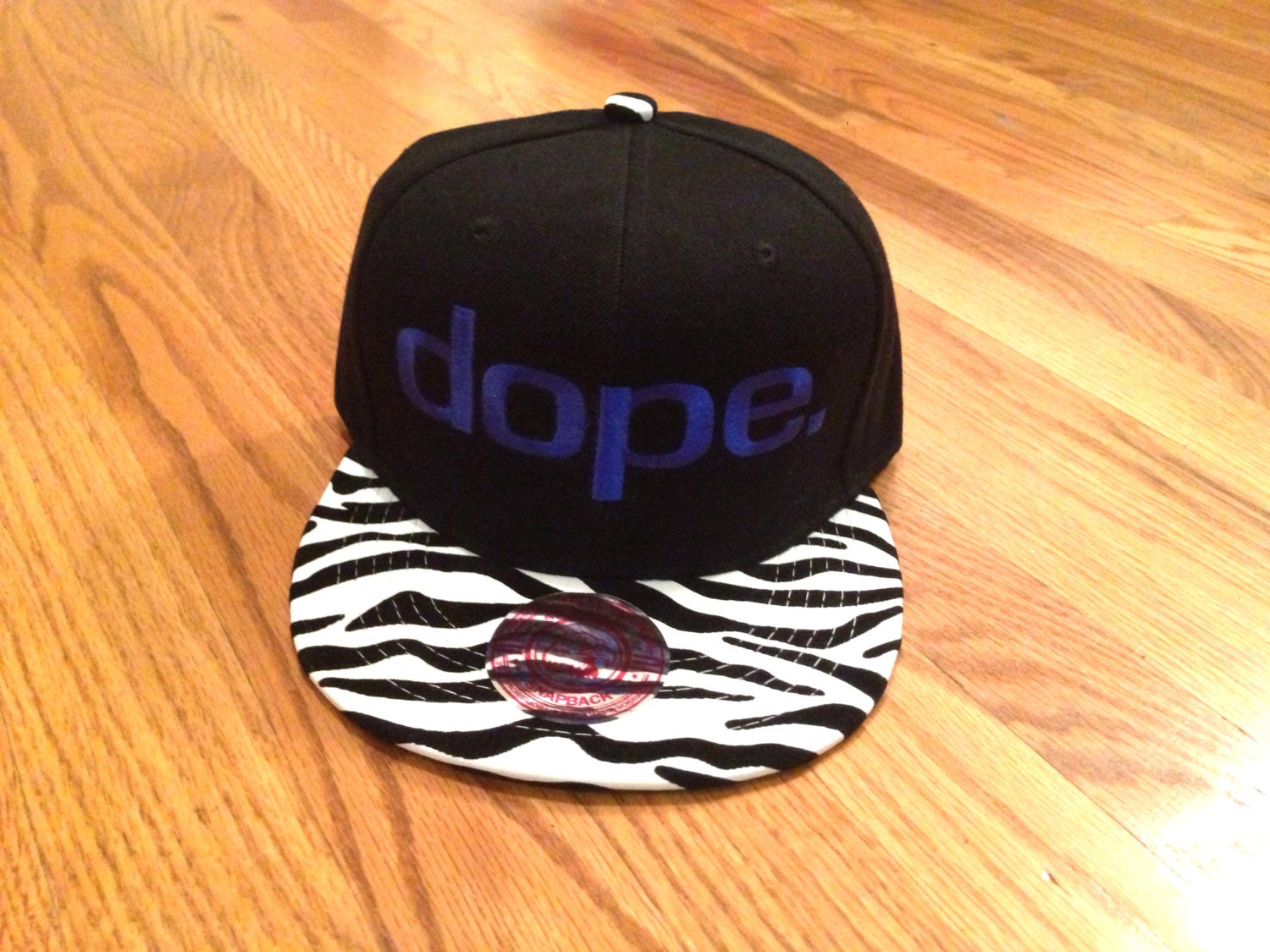 dope. Blue Snap Back Cap, Zebra Print Bib, Presale Item