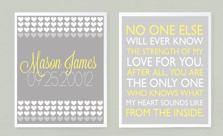 Custom Birth Announcement - 8X10- Set of 2 Prints, Baby Boy Decor. Gray Grey Yellow, Nursery Art, Personalized Baby Decor