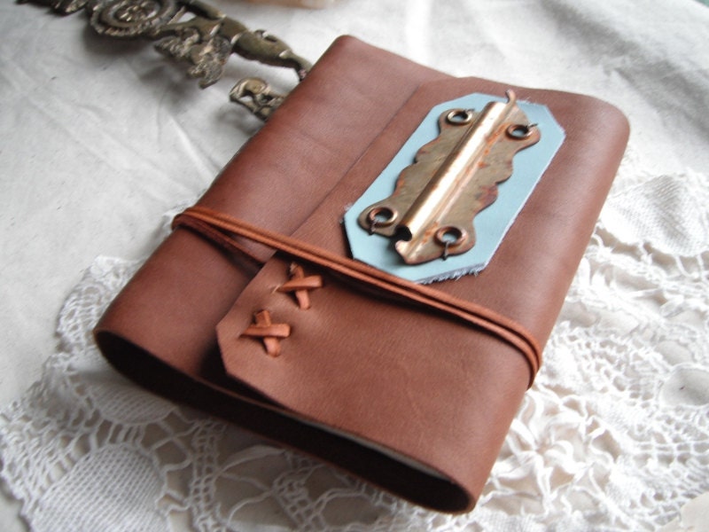 Secret Window - Brown leather travel journal, vintage brass, one of a kind custom writing journal