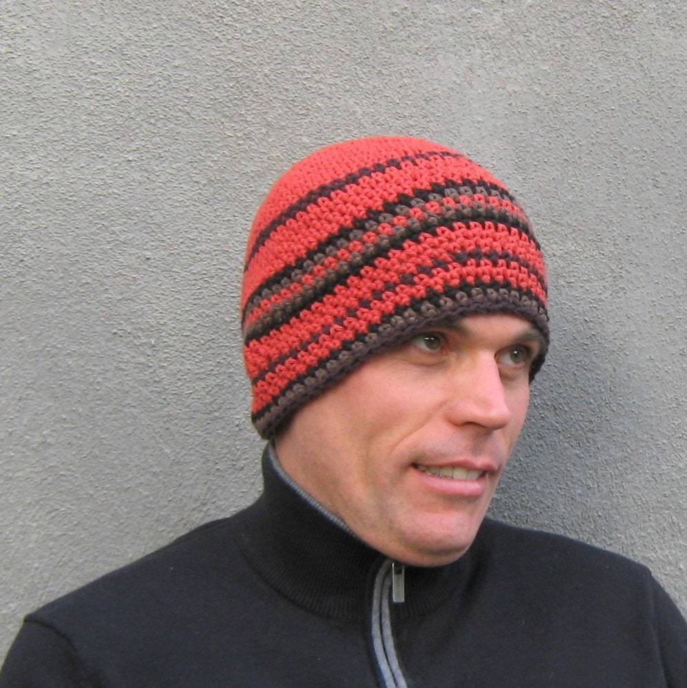 crochet men's beanie/ burnt orange cotton