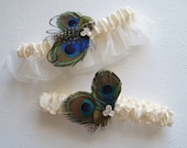Peacock Garter Set Feather WEDDING Rhinestone bridal lingerie ivory blue garder