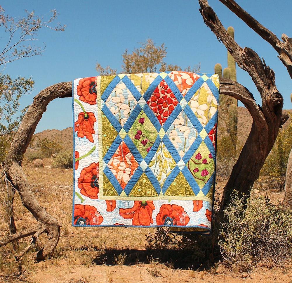Modern Poppy and Dogwood Lap Quilt or Sofa Throw in Tangerine and Aqua