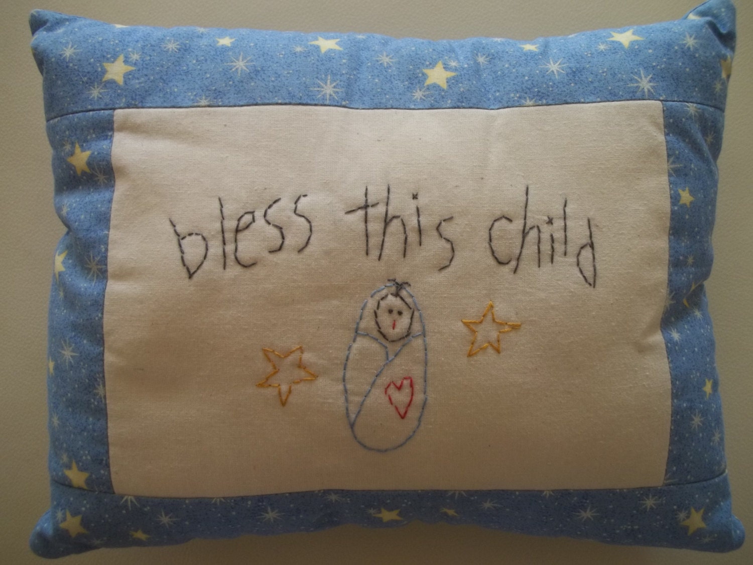 Baby Pillow Primitive Stitchery Bless This Child