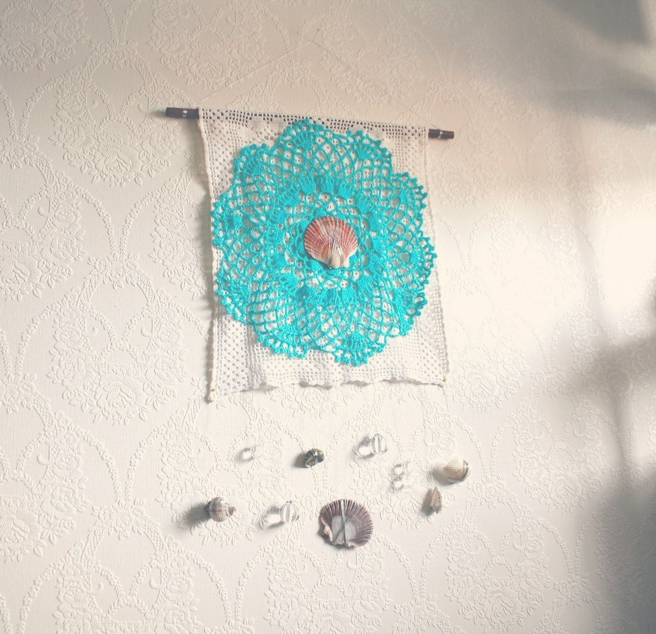 Shabby Chic Wall Hanging White Vintage Lace Turquoise Blue Ocean Seashells Beach House Art Cottage Chic