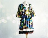 Women's Silk Dress Kimono Style Empire Waist Bohemian Clothing Lace Trim Abstract Print Upcycled Clothes Boho Chic Small Medium 'LUELLA'