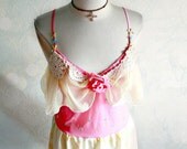 Pale Yellow Slip Dress Pink Floral Recycled Clothing Shabby Chic Cream Lace Eco Friendly Women's Clothes Ruffle Dress Large 'DEANA'