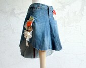 Shabby Chic Denim Skirt Eco Friendly Clothing Coral Roses Vintage Lace Bohemian Clothes Upcycled Jean Skirt Medium 'TIPPER'
