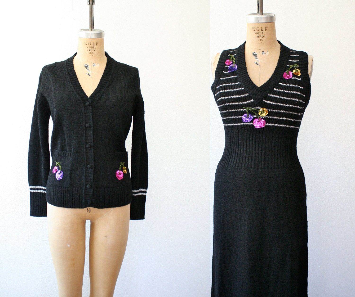 vintage knit dress / Cherry Cardigan / But Beautiful knit dress ensemble