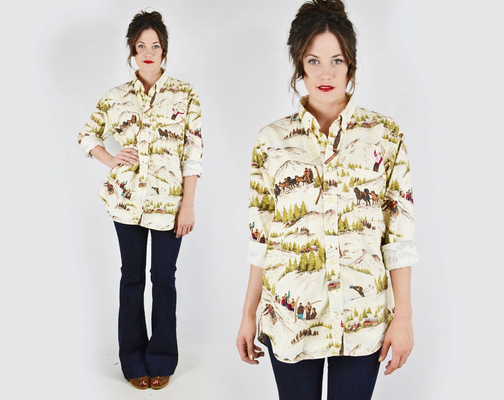 vtg 80s cream RALPH LAUREN chaps winter SKI sled scene novelty print flannel oversized button up shirt top S M L