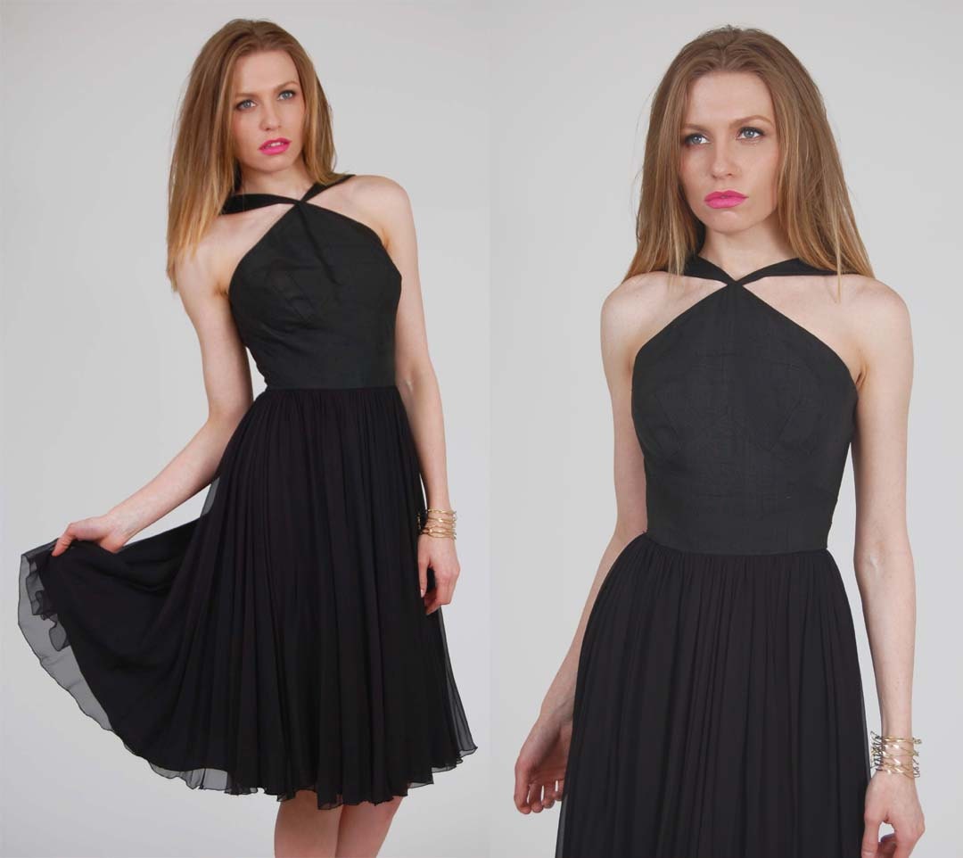 Vintage 50s Cocktail Dress Black Chiffon LEE CLAIRE Party LBD