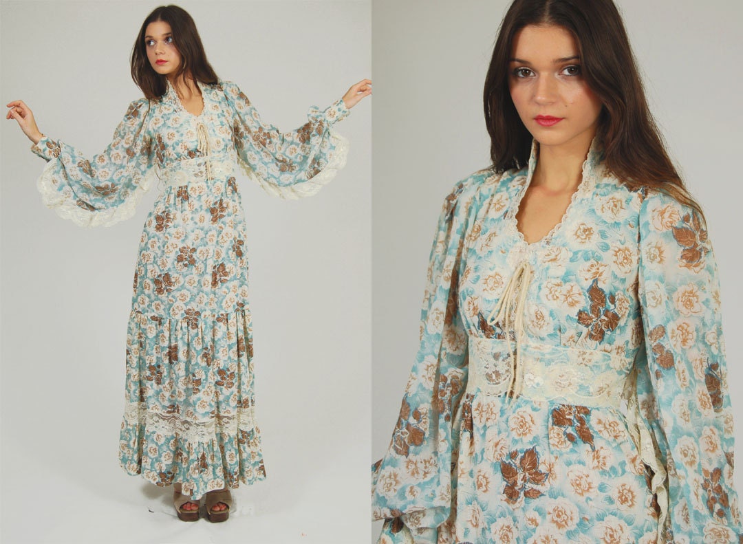 Vintage 70s PRAIRIE Maxi Dress Light Blue FLORAL Lace with Puff Sleeves