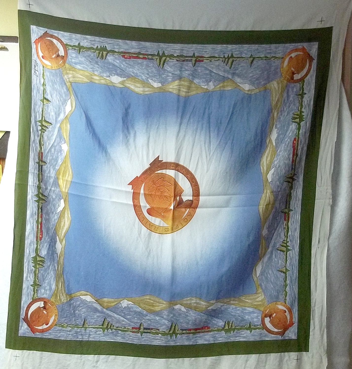 3 Vintage unfinished scarves blue yellow laurel green burnt orange  Canadian Pacific Railway