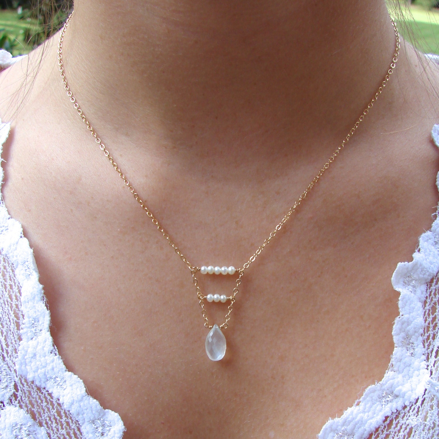 Moonstone Briolette Necklace with Tiny Pearls