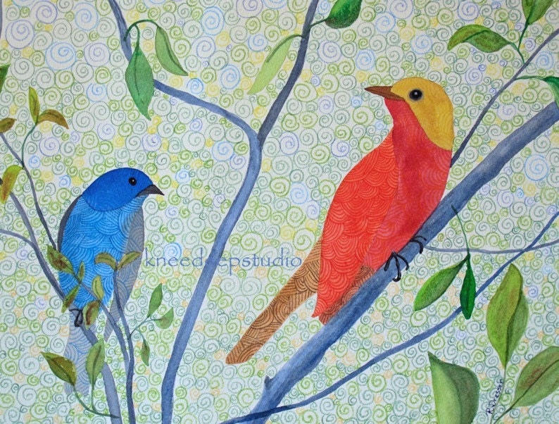 Colorful Birds painting original 9x12 fine art in mat woodland spring one of a kind wall decor