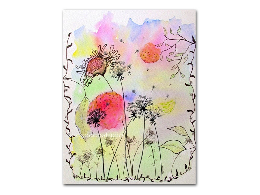 Original botanical watercolor 9x12 fine art mixed media pen&ink flowers dandelions spring colors wall decor