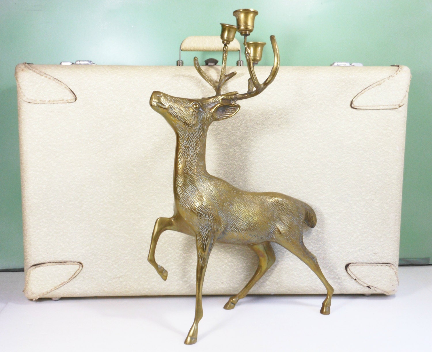 Vintage Deer Brass Candelabra Antlers Woodland Stag Large Mid Century Retro Home Decor Candle Holder PeachyChicBoutique on Etsy