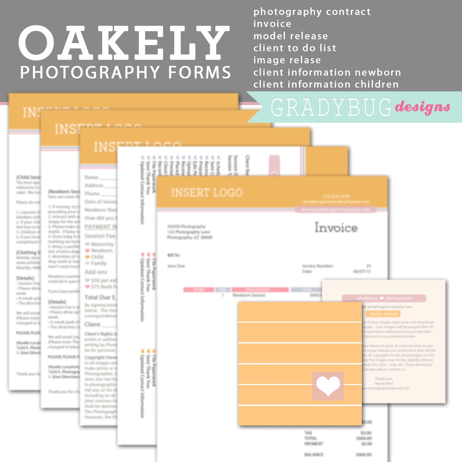 Oakley PHOTOGRAPHY FORMS - Image Release, Photography Contract, Client to Do List, Invoice,Model Release, Client Information Page