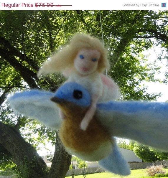 On Sale Thumbelina Needle Felted Mini Waldorf Doll and Bluebird