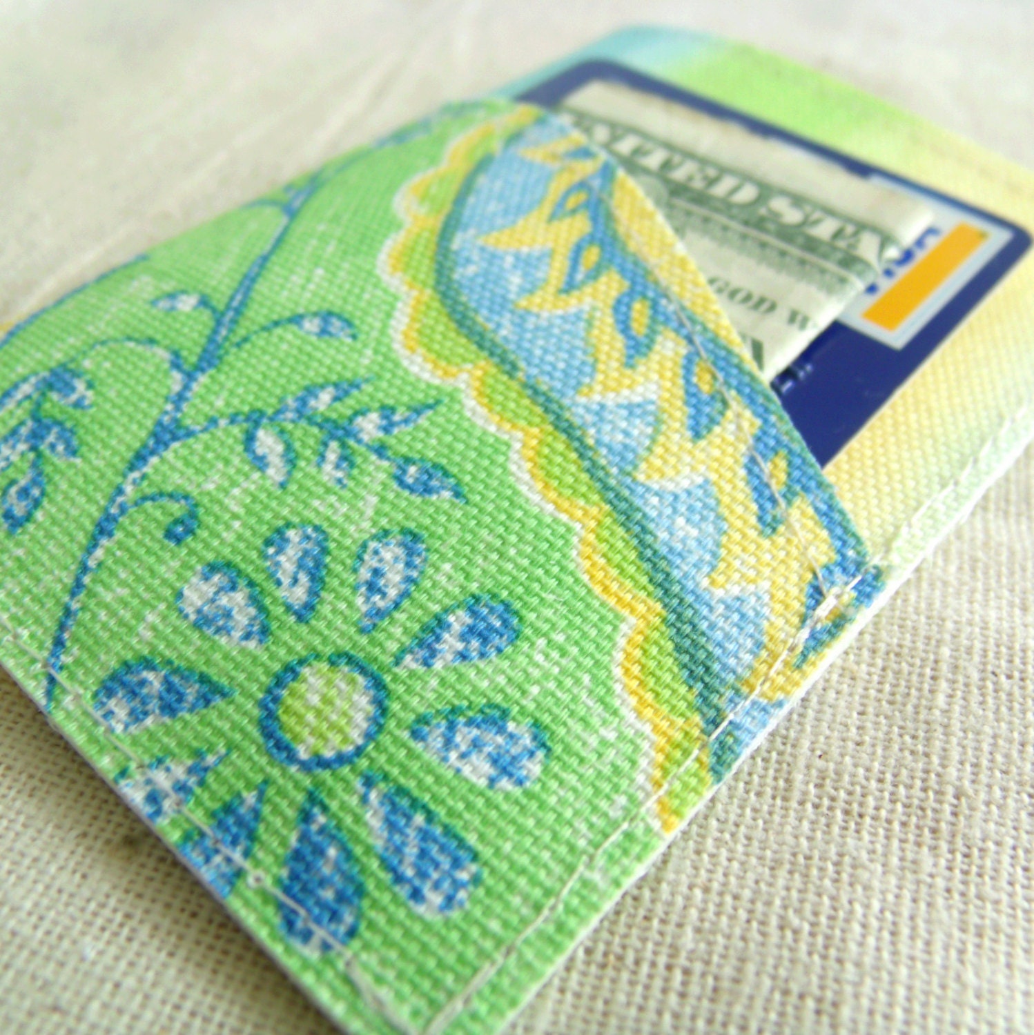 SALE - OVER 50% OFF - Mini card wallet made from recycled fabric books - blue green yellow paisley. No 50.