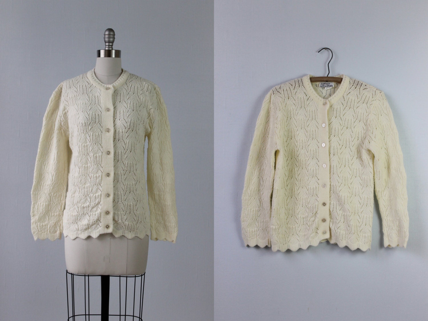 Cardigan Sweater / Pointelle Sweater / Granny Sweater / Cream / Free Shipping