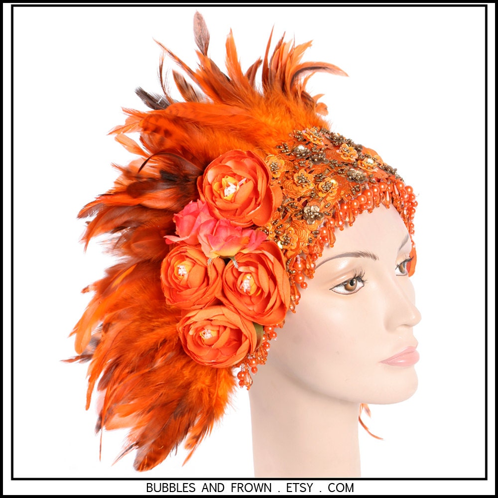 Sunset Blossom.... Feather Headband in Burnt Orange and Red