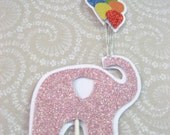 Elephant Cake Topper or Centerpeice Embelishment - Pink Glitter with Rainbow Balloons -  Wedding, Birthday, Baby