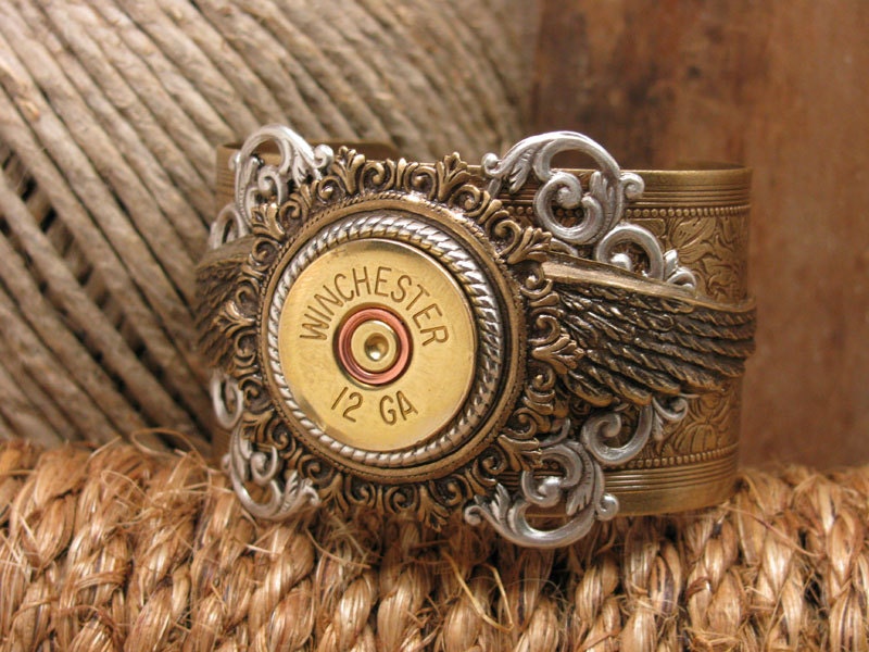 Shotgun Casing Jewelry - Winchester 12 Gauge Shotgun Winged Mixed Metal Cuff Bracelet