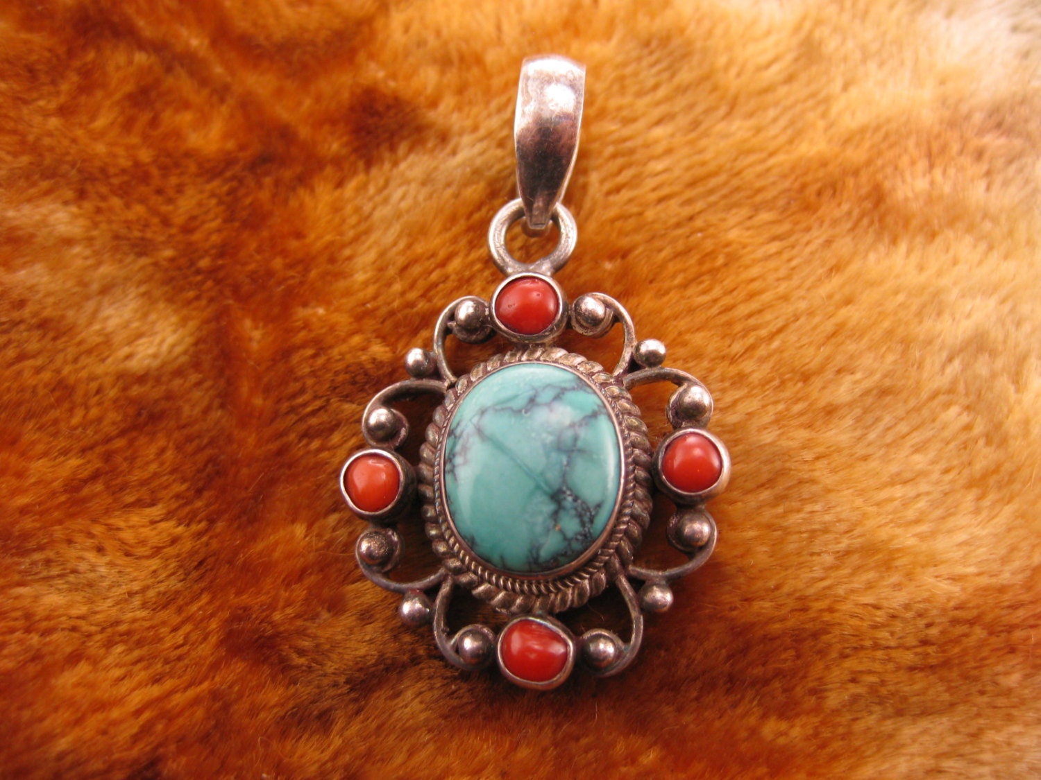 Pendant - Sterling Silver - Turquoise - Red Coral - Women Colorful Jewelry - Southwest Style - Signed Stamped 925