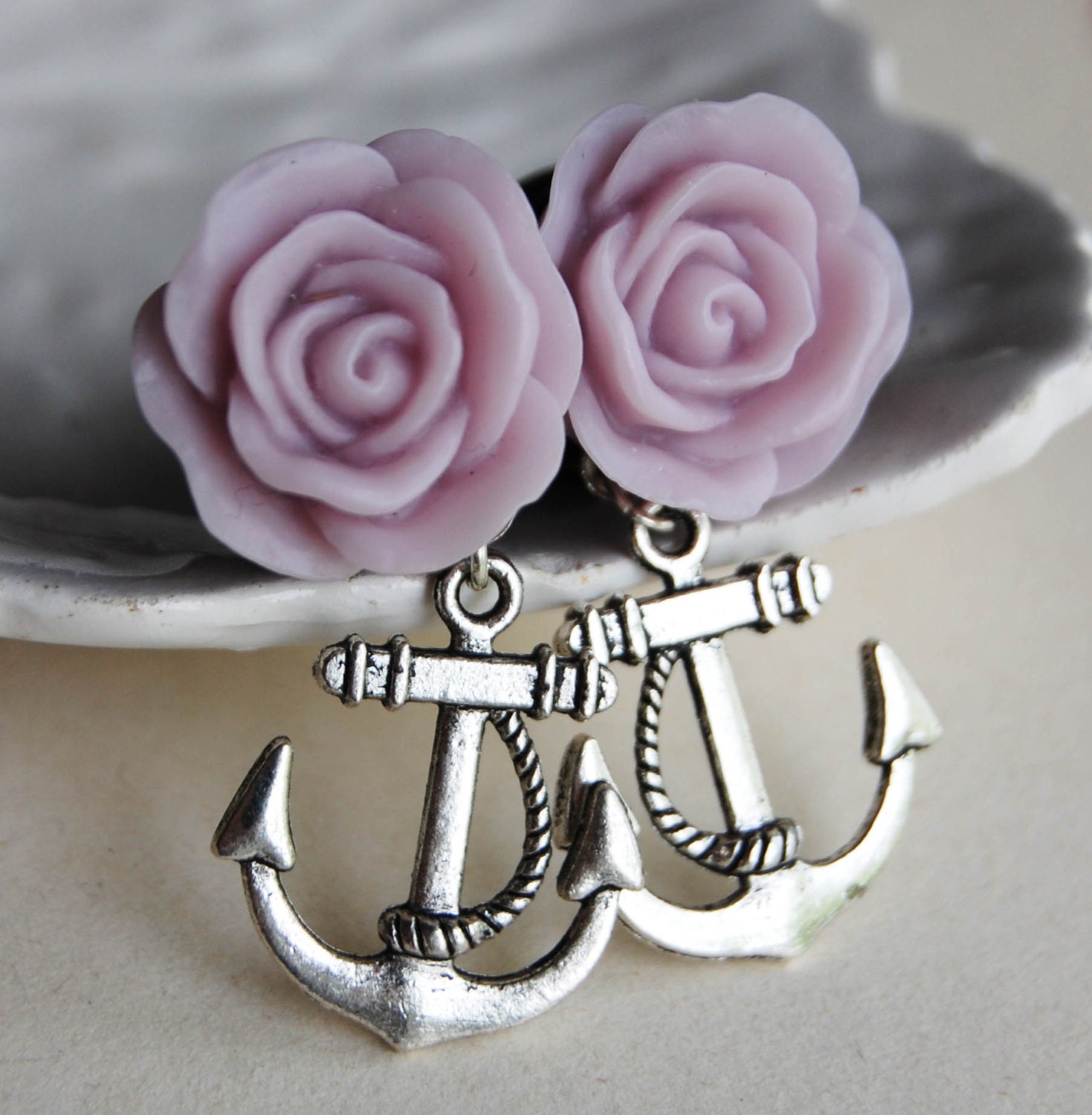 Half inch (12mm) Lilac Purple Rose and Anchor  Plugs for stretched ears
