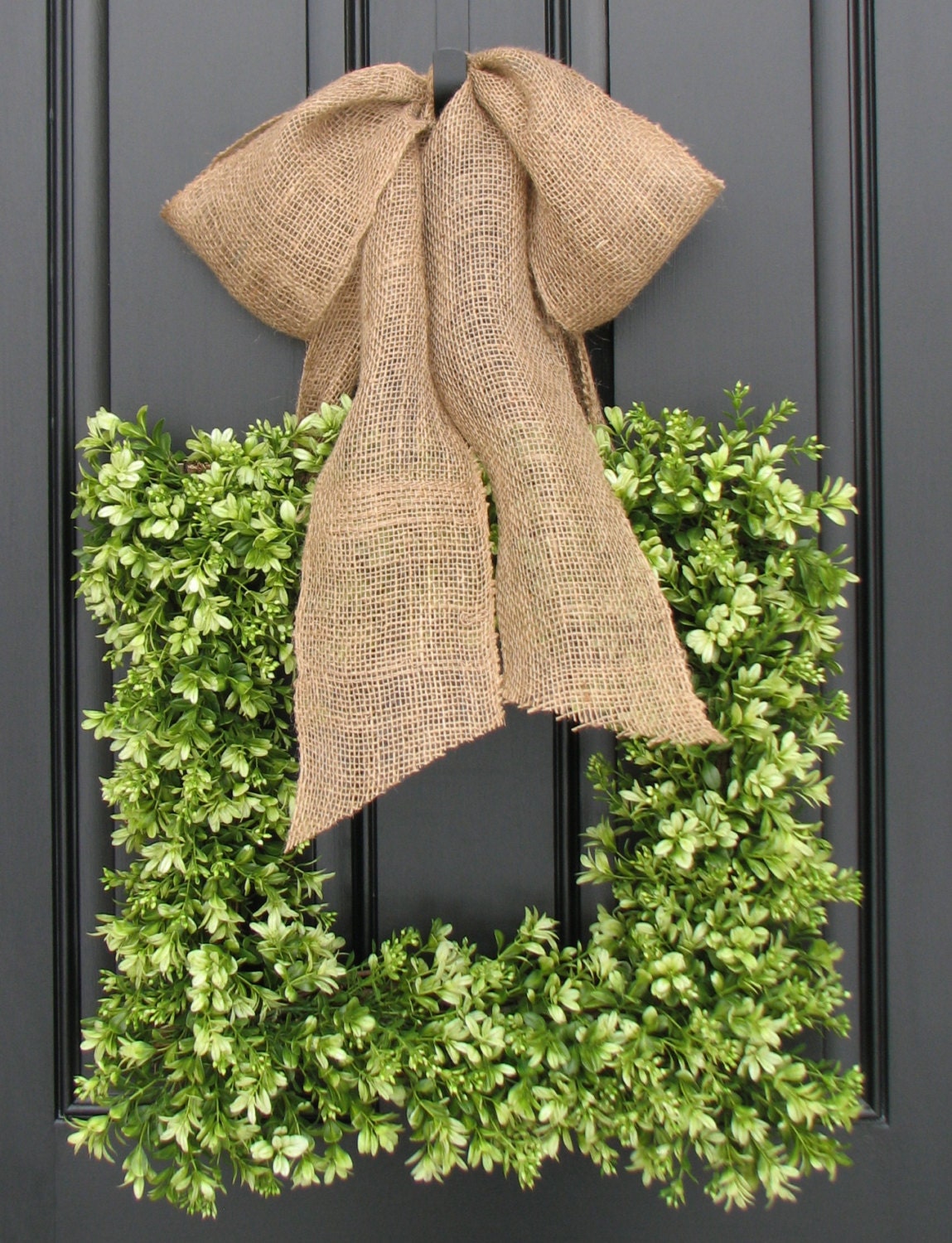 Wreaths - Boxwood Wreath - Square Wreath - Spring Decor - Burlap Ribbon - Year Round Wreath