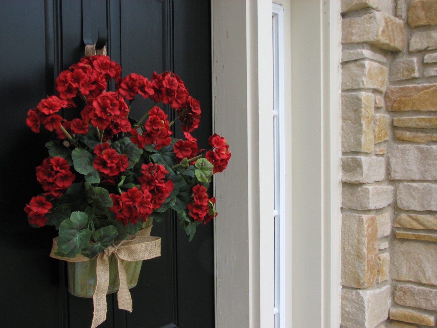 GERANIUM WREATH, Geranium Basket, Red Geranium Wreath, Annual Geraniums, Wall Pockets, Galvanized Buckets, Bucket of Red Geraniums