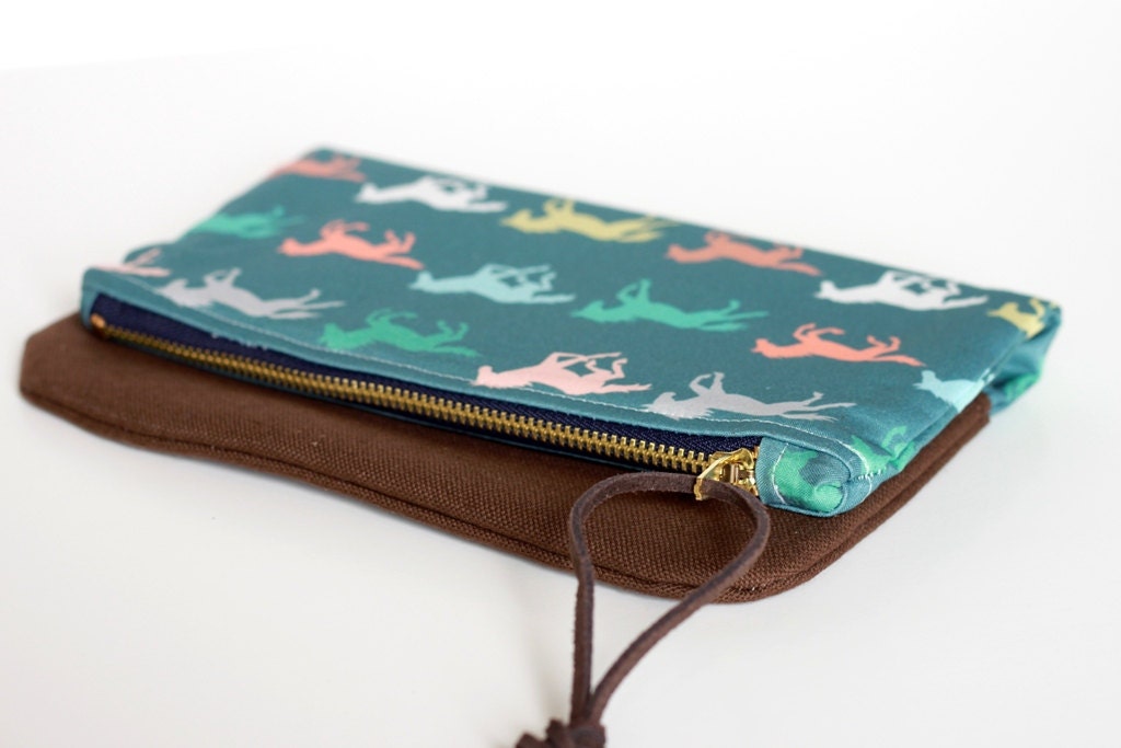 Canvas and Cotton Horse Print Fold Over Clutch. Spring Zipper Pouch in Equestrian Pastels
