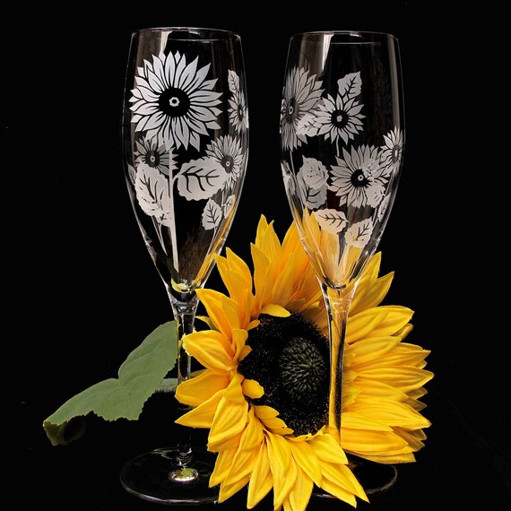 Sunflower Toasting Flutes, Fine Crystal Champagne Flutes, Summer Wedding
