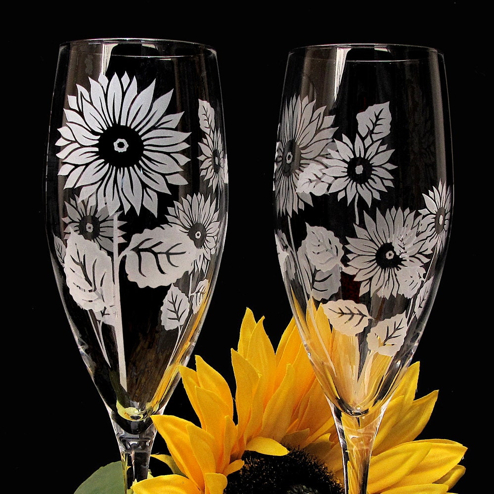 Sunflower Toasting Flutes, Fine Crystal Champagne Flutes, Summer Wedding