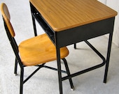 Child Classroom Desk and Chair Mid Century Industrial Metal & Wood