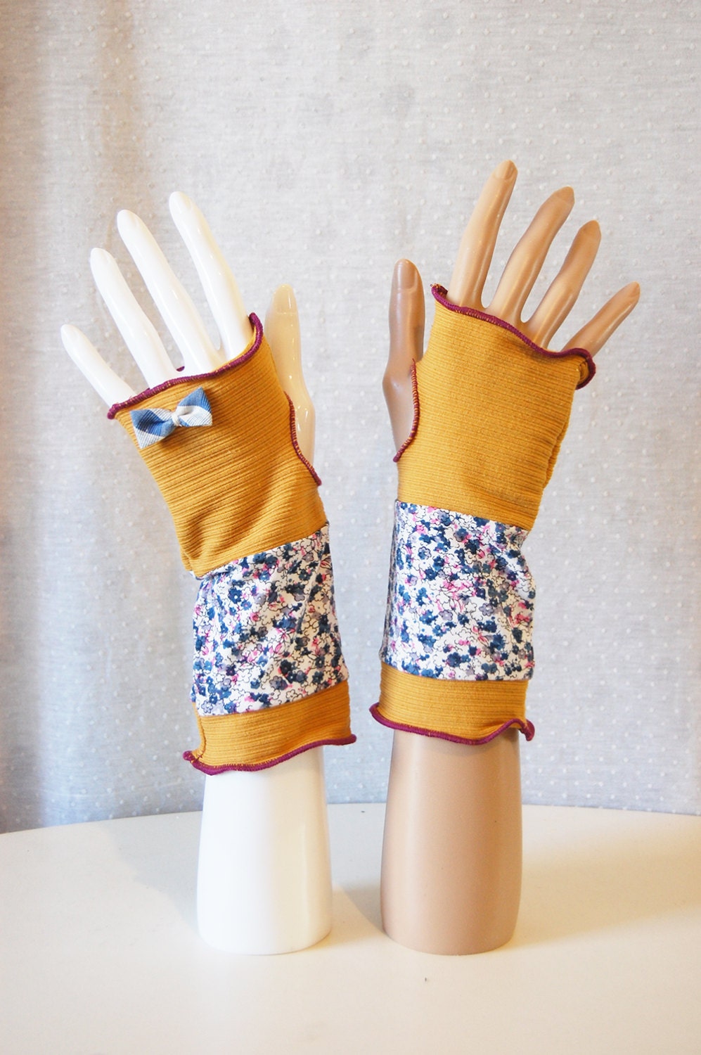 Mittens yellow mustard and blue with a little bow