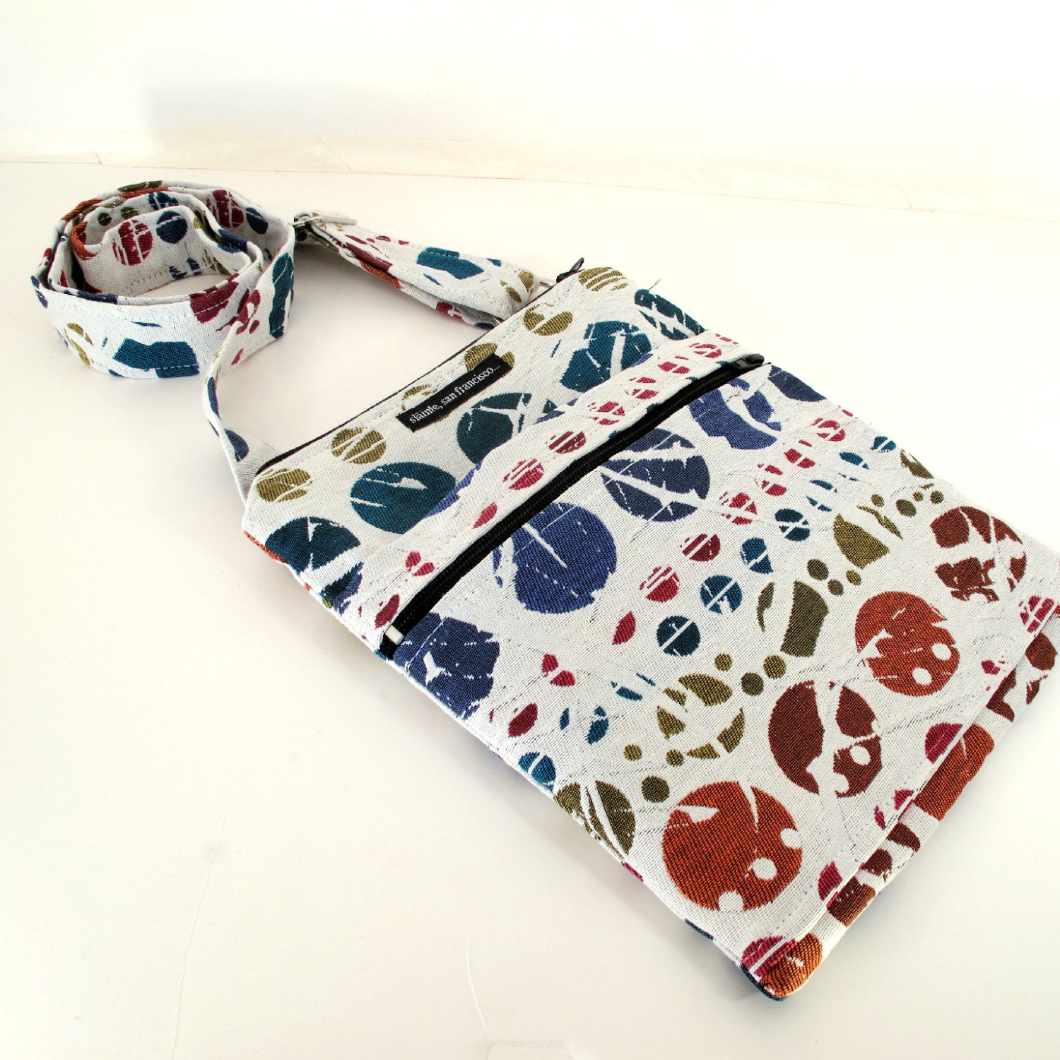 CROSS BODY BAG. Travel bag, iPad Bag, Messenger Bag. Multiple Pockets. Adjustable strap.  Rainbow Circles Fabric.Summer. Made in America