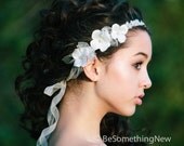 beaded lace tie wedding headband with flowers, wedding hair