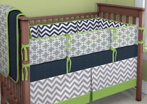 Navy Green and Gray Crib Bedding Set