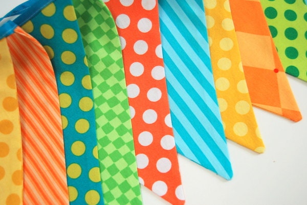 Construction Birthday Party Banner Decoration, Dump Truck Decor, Flags, Boy's Pennant - orange, aqua blue, yellow, green, turquoise fabrics