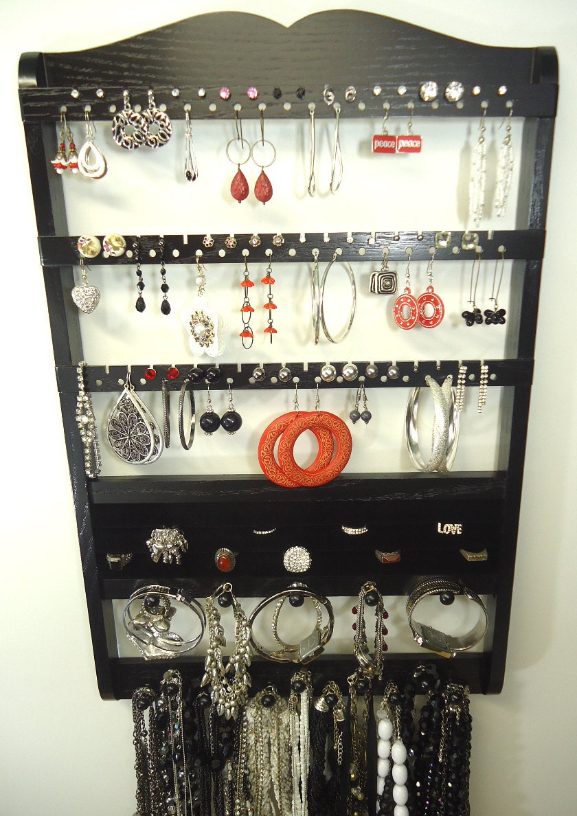 20 Ring Holder, Jewelry Holder, Ebony (Black), Oak, Wood, Hangs, 54-108 Pair Earring Display, 16 Peg Necklace Bracelet Holder, Ready To Ship